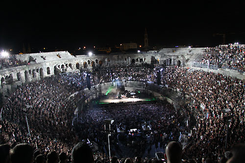 A photo of Metallica performing at the Roman coliseum in Nimes France
